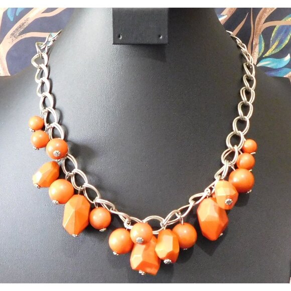 Chunky Retro Orange Fringe Beaded Necklace - Picture 1 of 3